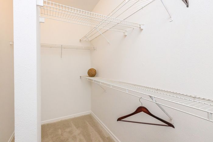 carpeted walk-in closet with wire shelving and places to hang clothes