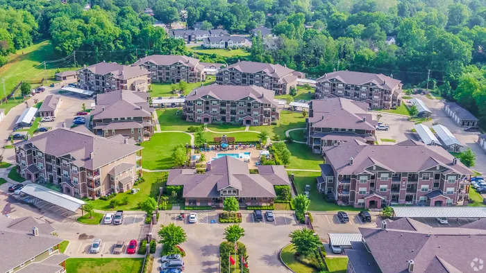 Aerial view showcasing the scenic Riverside at Rockwater, North Little Rock, AR, with views of the river and surrounding area