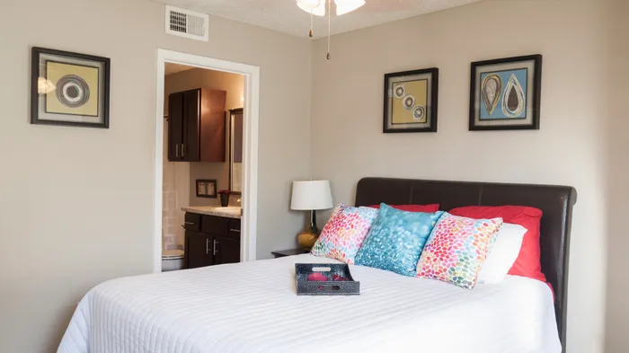 Comfortable bedroom in Carrollton, TX apartment with ensuite bathroom and vibrant decor.