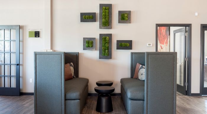 Shared workspace in Carrollton, TX apartment complex with private booths and modern decor.