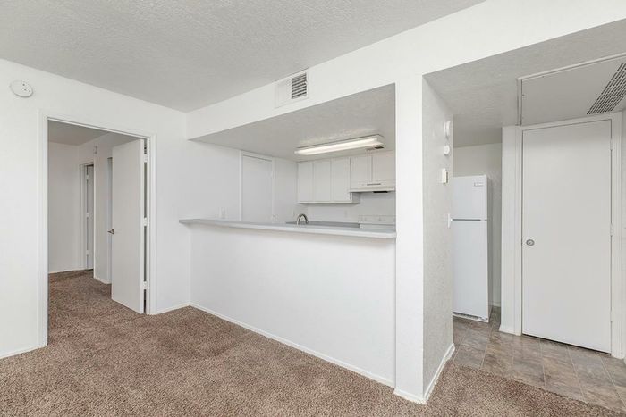 Bright apartment interior with an open-concept kitchen, carpeted living area, and white walls at Lifestyles at Renaissance in Albuquerque.