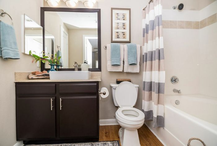 stylish bathroom with dark cabinets, white sink, a bathtub with shower, and a large mirror