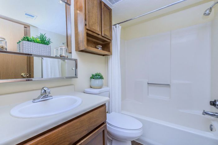 a spacious bathroom with a sink, toilet, bathtub, and shelving