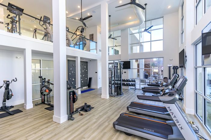 A high-end fitness center equipped with weights, cardio equipment, and a rock-climbing wall