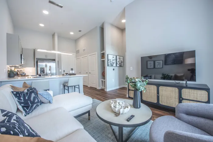 a living room overlooking the entryway into the apartment, complete with hardwood floors, comfortable seating, a white rug, television, hallway, and pictures