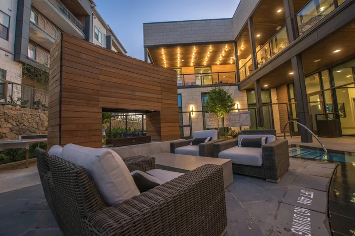 dusk lighting of the outdoor fireplace