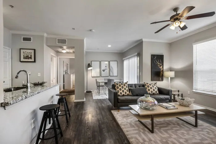 living area furnished with rugs, table, chairs, and plenty of decor