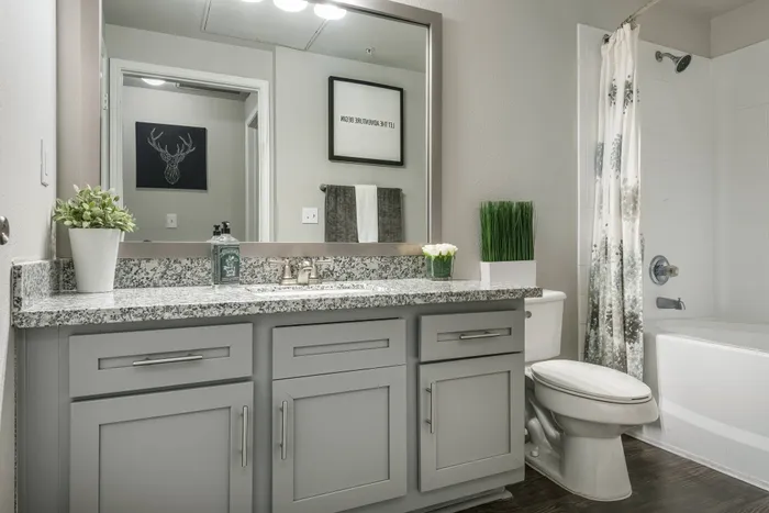 modern bathroom with gray cabinets and drawers, a large mirror, and hardwood floor