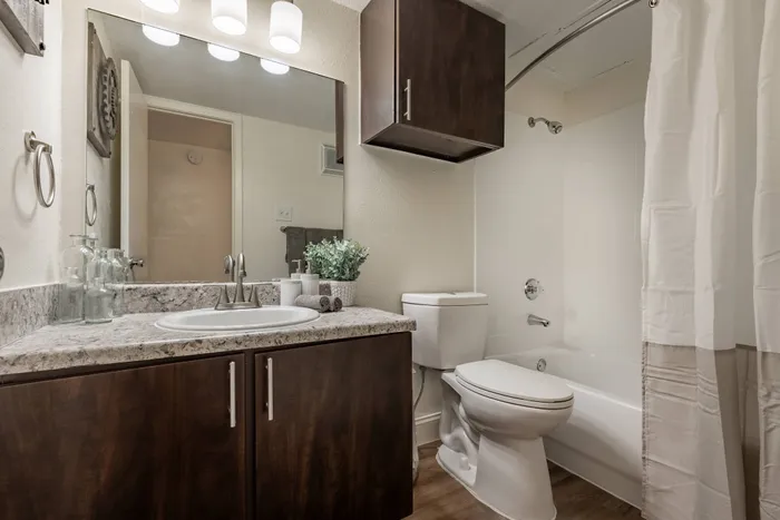 Modern bathroom at Oak Park Apartments in Euless, TX, with a sleek vanity, granite-style countertops, and a full bathtub.