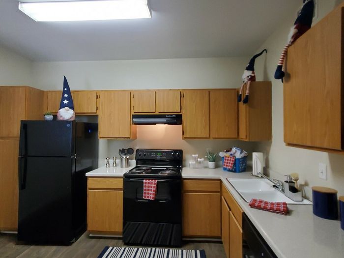 A kitchen with refrigerator, oven, dishwasher, and a double-sink