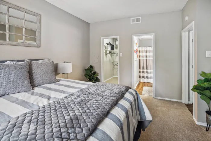 Well-appointed bedroom with an attached walk-in closet and bathroom in Plano, TX.
