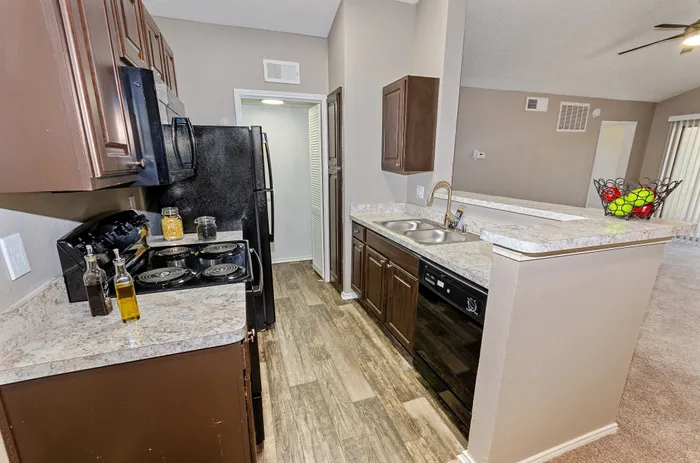 Contemporary kitchen with sleek appliances, dark wood cabinets, and granite countertops in a Plano, TX apartment.
