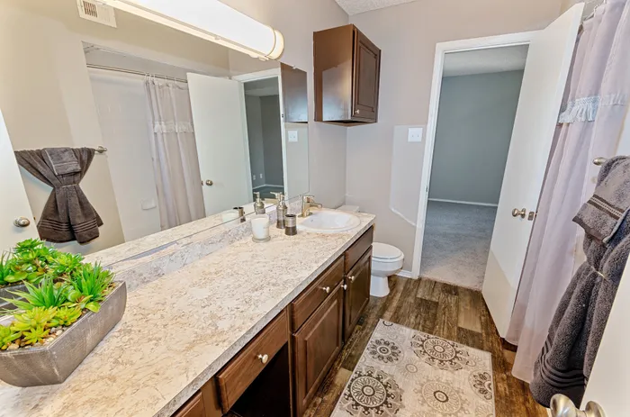 Spacious bathroom with granite countertops and elegant cabinetry in a Plano, TX apartment.