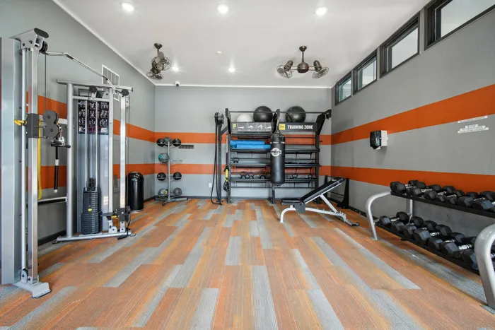 Fully equipped fitness center with cardio and weight machines at Ovation Apartments in Austin, TX, designed for an active lifestyle.