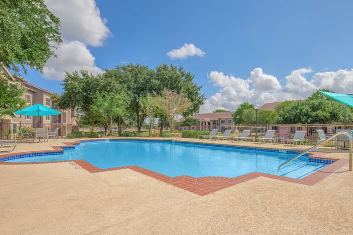 Luxury pool with vibrant landscaping and poolside seating at Avonmora Apartments in Austin, TX, offering a premium outdoor living experience.