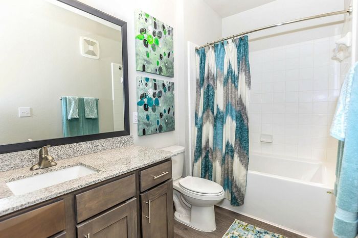 Modern bathroom with granite countertops, contemporary decor, and vibrant shower curtain at Cityscape Apartments in Houston, TX.