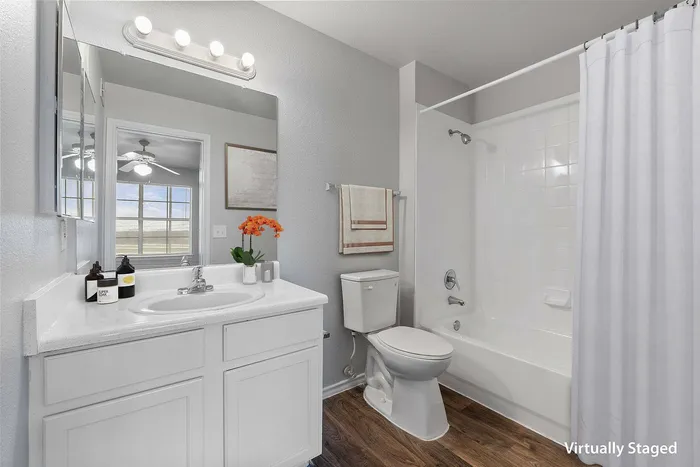 Sleek and modern bathroom at Fort Branch at Truman's Landing in Austin, TX