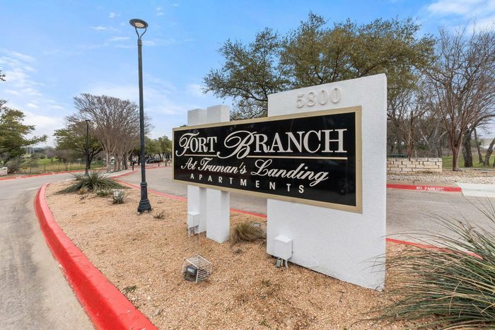 Monument sign at Fort Branch at Truman's Landing in Austin, Texas
