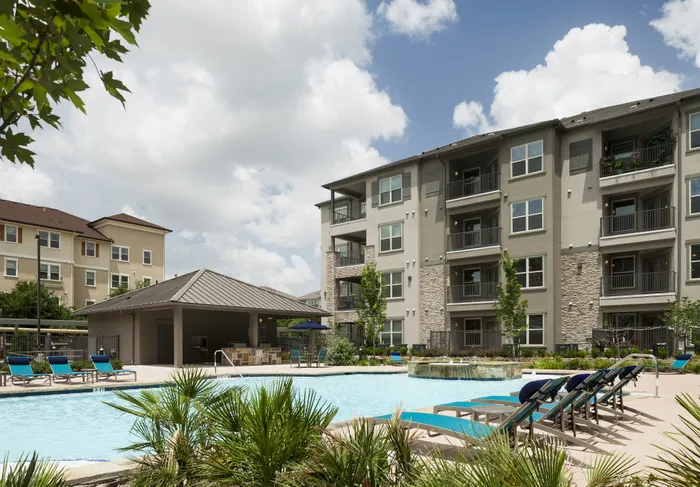Resort-style swimming pool at McDermott 55 in Plano TX