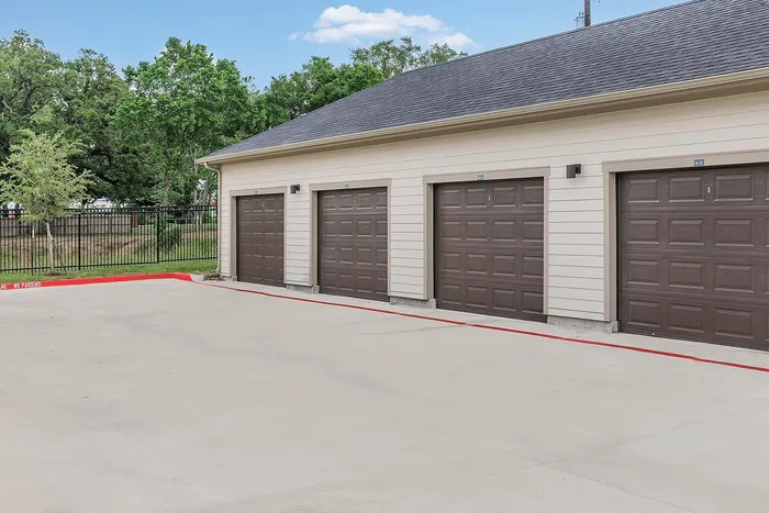Exterior view of private residential garages at Cityscape Apartments in Houston