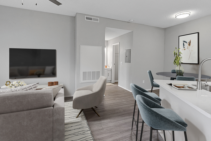 Living room with kitchen bar and TV