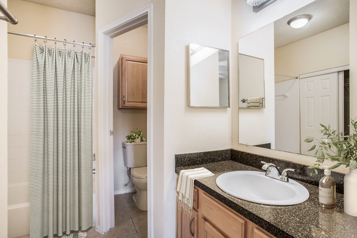 Bathroom with granite counters and large mirror