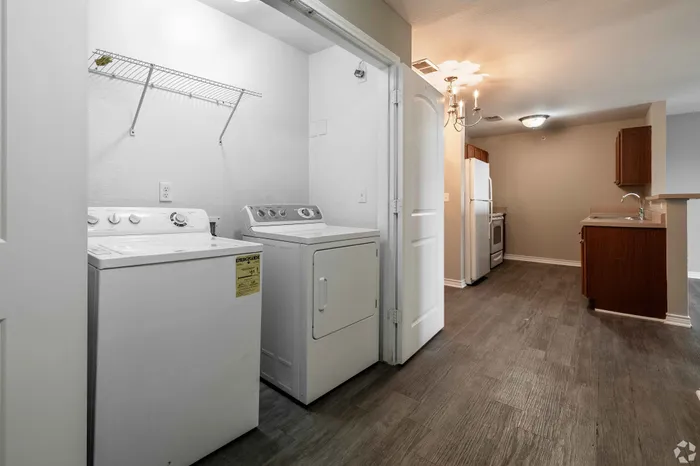High-efficiency washer and dryer set in a spacious Inwood Crossings apartment in Wichita, KS.