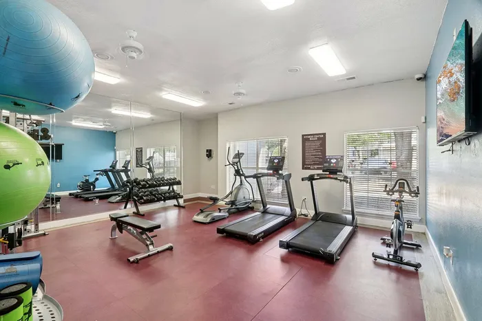 Modern fitness center with cardio and strength training equipment at Avonmora in Austin, TX