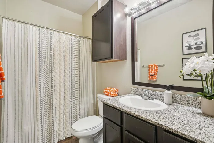 Contemporary bathroom with granite countertops and wood-style flooring at Arroyo Seco Villas, San Antonio, TX.