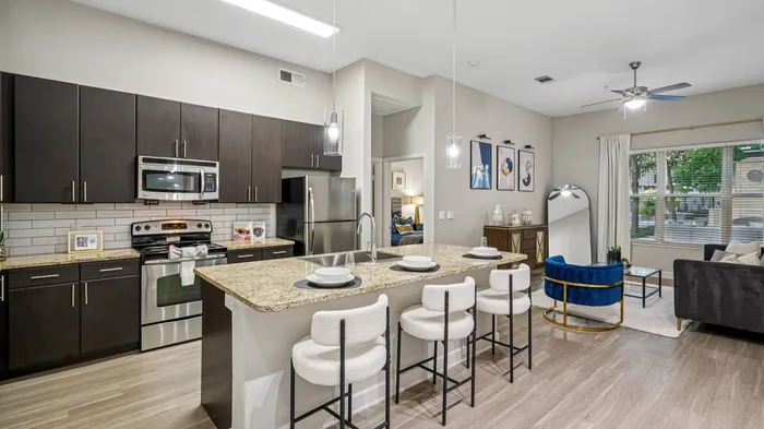 Modern stainless steel appliances in an Addison Keller Springs apartment kitchen
