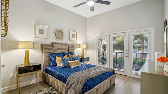 Bright and airy bedroom in Addison Keller Springs apartments, Addison TX