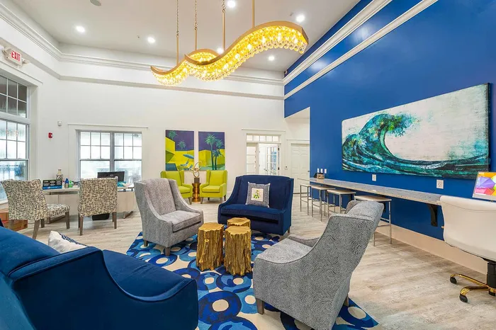 Clubhouse with blue wall and entertainment area