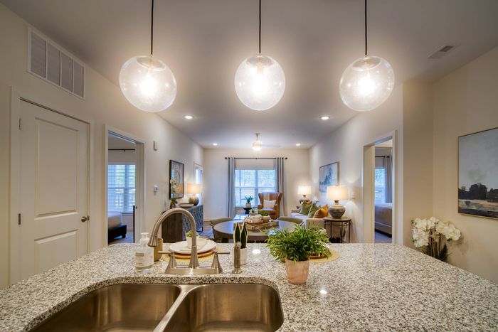 kitchen island with open view to living space