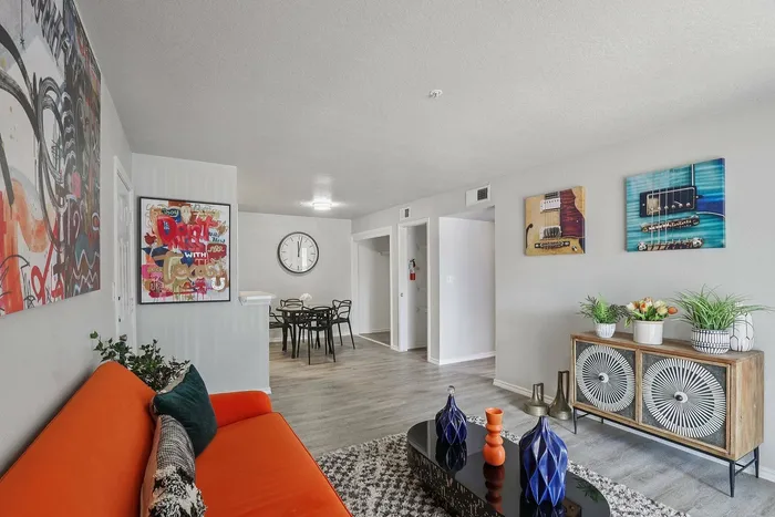 Modern living room at Avonmora apartments in Austin, TX with stylish furniture
