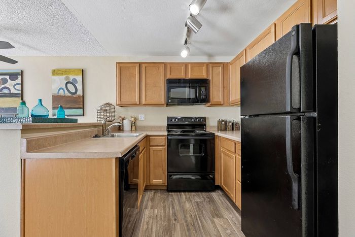 fully equipped kitchen with dishwasher and black appliances