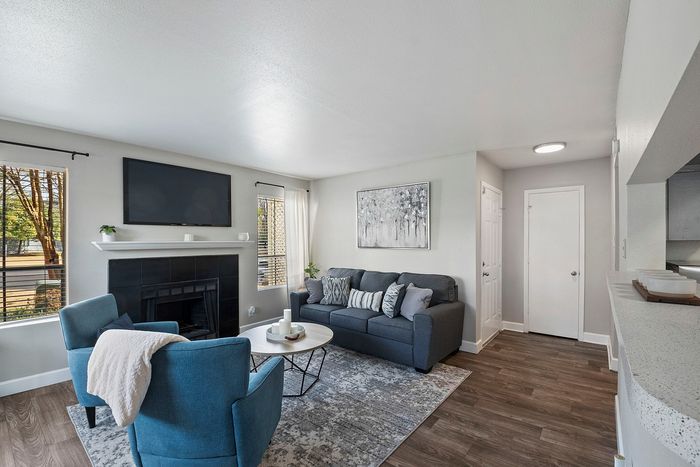 Spacious living room with fireplace