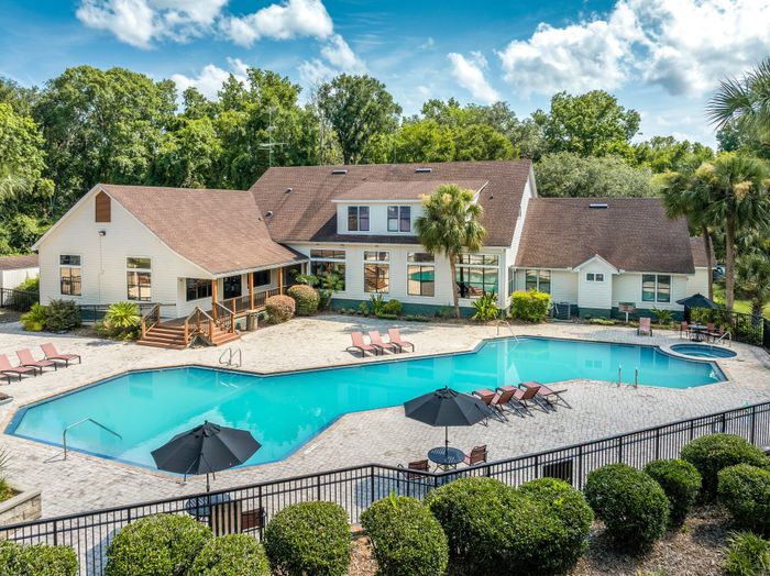 Aerial view of the pool and clubhouse