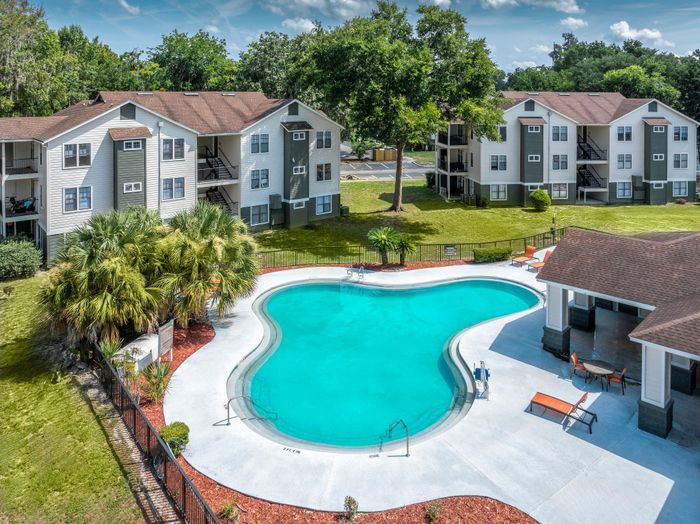 Aerial view of the pool and clubhouse