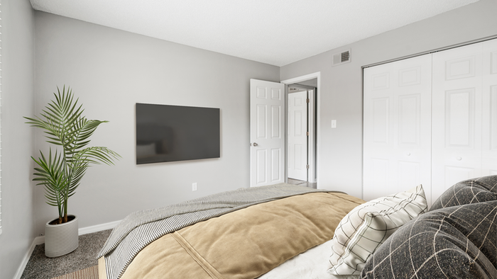Carpeted bedroomm, standing decorative plant, flat screen TV,  bed with tan bedding and throw pillows