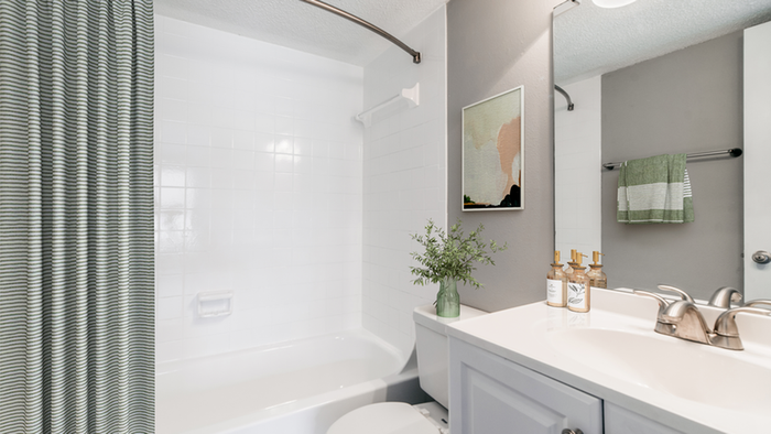 Bathroom, toilet, tub, curved shower rod, and blue curtain, large mirror