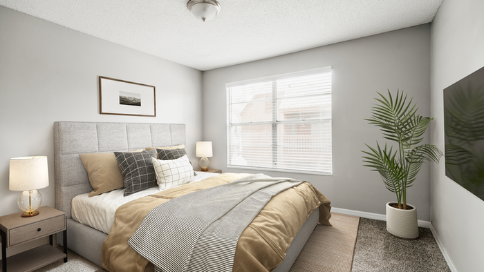 Carpeted bedroom with queen-size with gray fabric framing, flat screen TV, end table table lamp