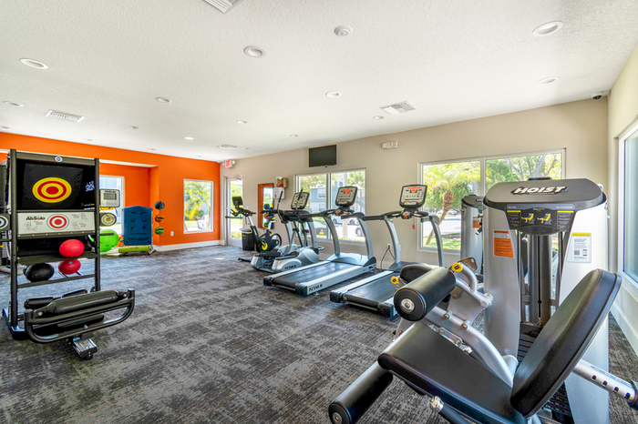 Fitness center with treadmills, leg estention