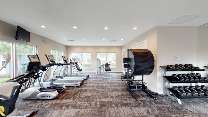 Fitness center, treadmills, weight rack