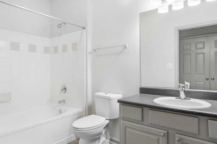 Modern bathroom featuring a sleek white bathtub, contemporary gray vanity, and large mirror with soft lighting.