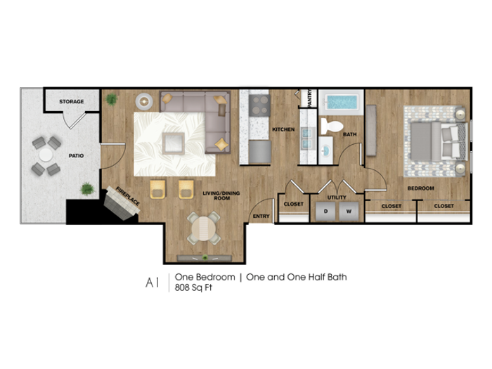A1 Floorplan: 1 Bedroom, 1 Bathroom