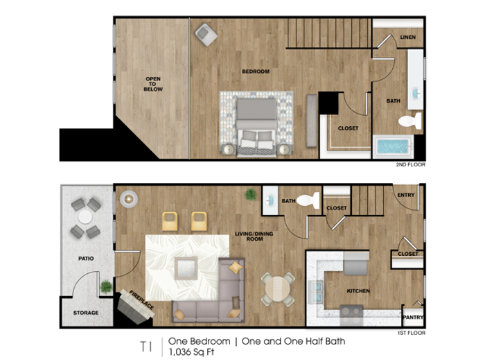 T1 Floorplan: 1 Bedroom, 1 Bathroom
