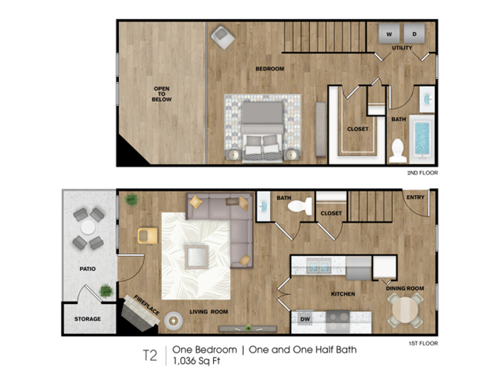T2 Floorplan: 1 Bedroom, 1 Bathroom