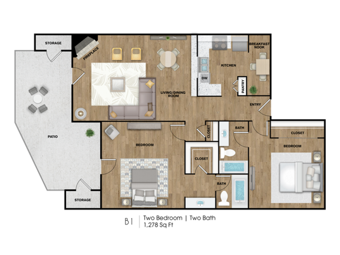 B1 Floorplan: 2 Bedroom, 2 Bathroom