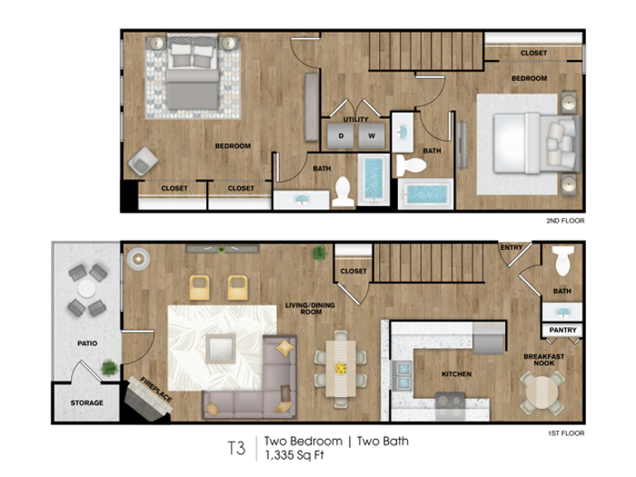 T3 Floorplan: 2 Bedroom, 2 Bathroom