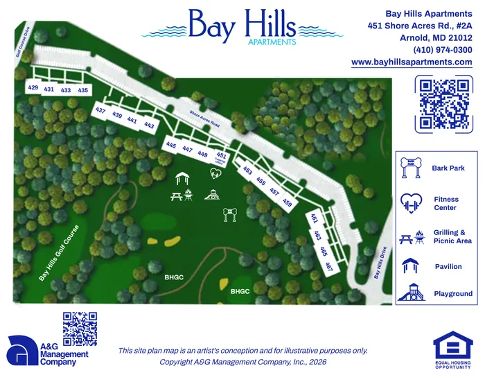 Charming site plan for Bay Hills Apartments, showcasing serene green spaces, a bark park, fitness center, grilling and picnic areas, pavilion, and playground in a lush setting near Bay Hills Golf Course.